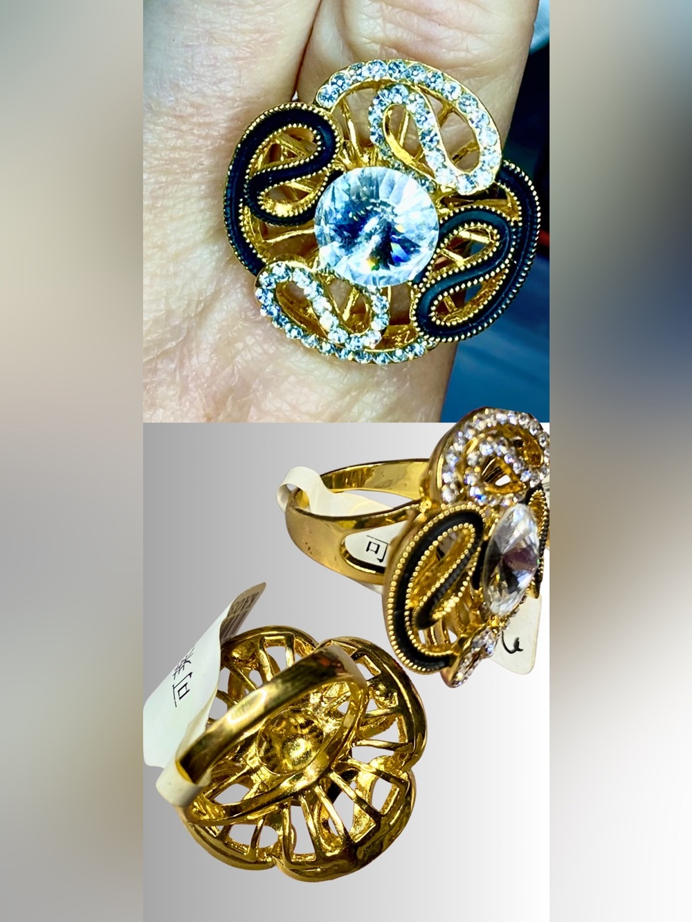 Gold Filigree Cocktail Ring with Clear Crystal Accent - Women's